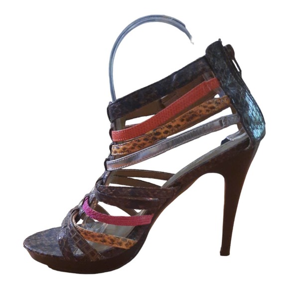 Icora Brown Pink Strappy Open Toe Mixed Media Heels Size 8 - Picture 3 of 11